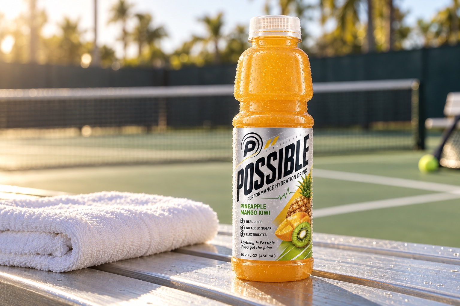 Chilled POSSIBLE bottle and white towel on a courtside bench in golden afternoon light