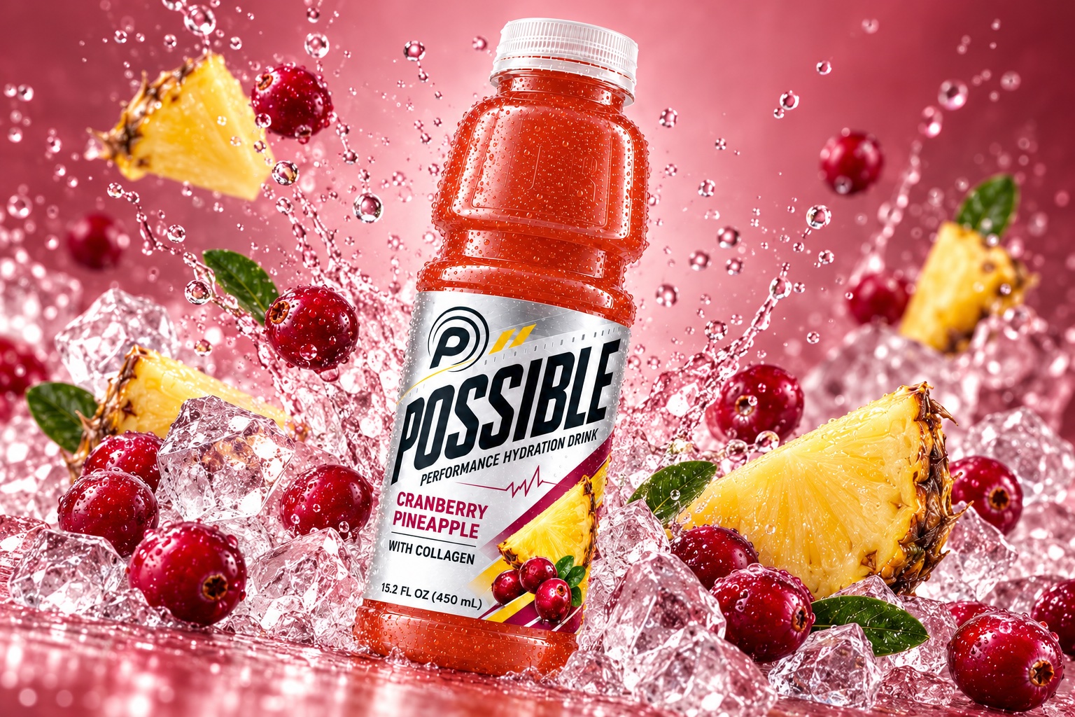 POSSIBLE Cranberry Pineapple surrounded by fruit, ice and splashing water
