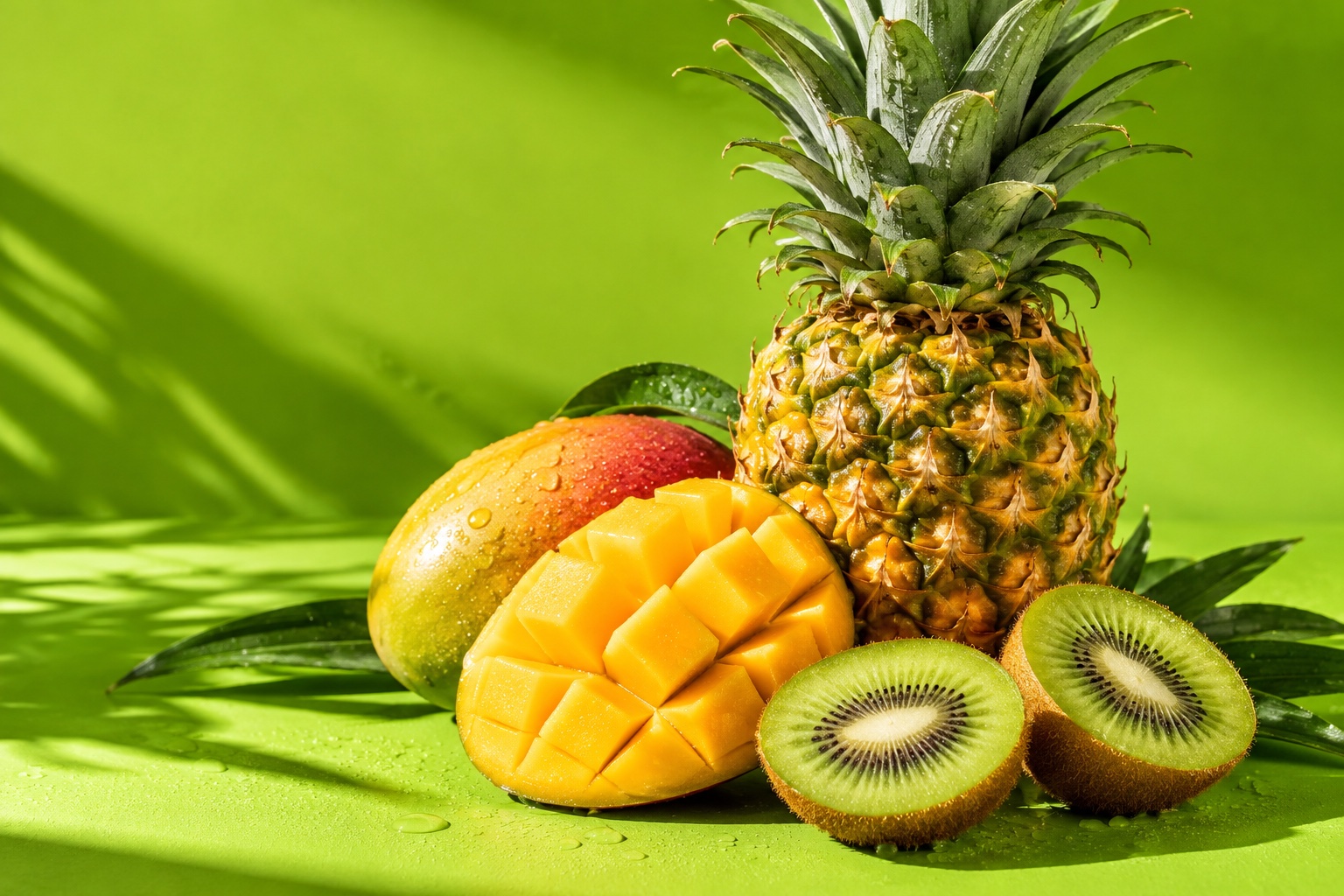 Fresh pineapple, golden mango, and sliced kiwi on a vivid green background