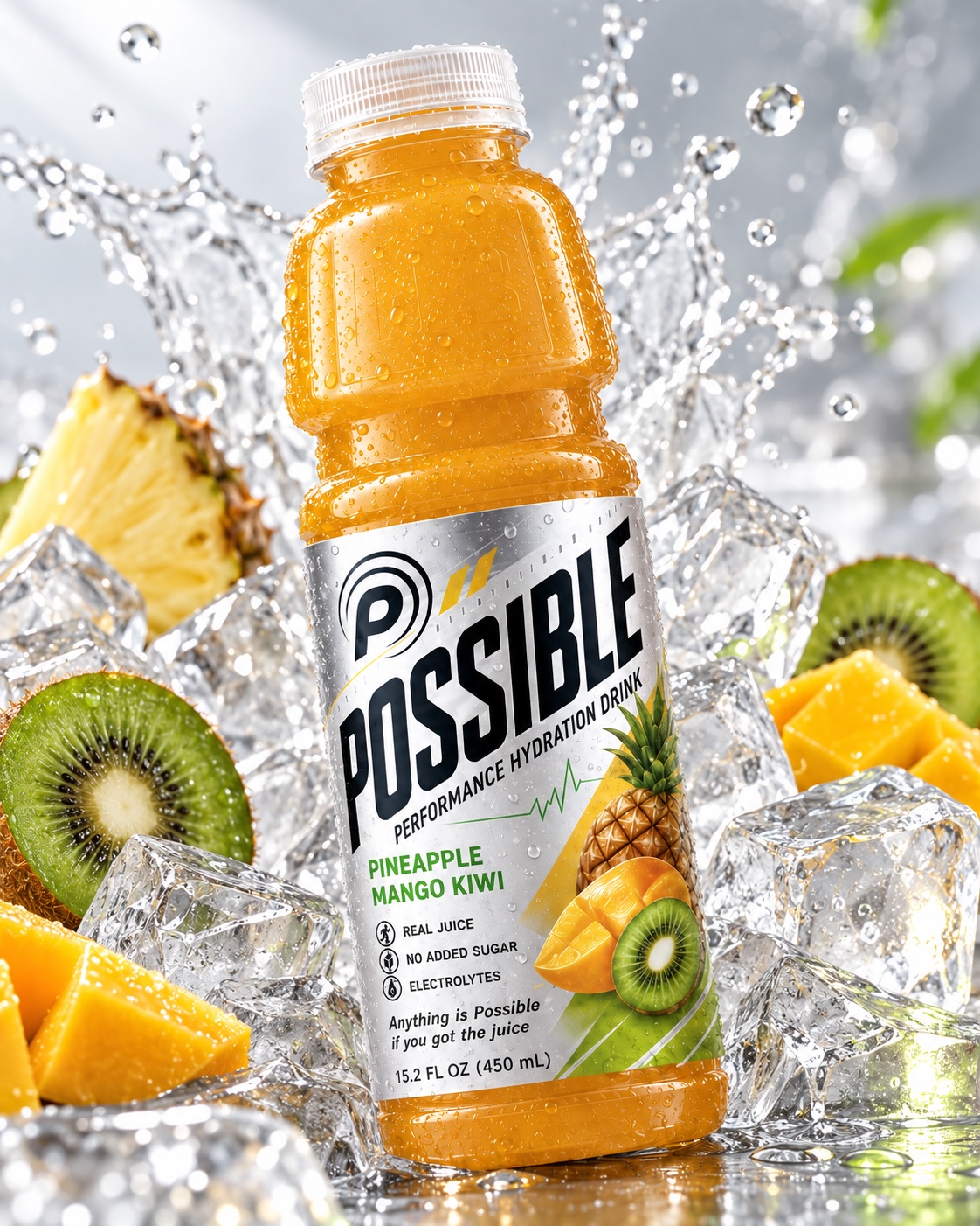 POSSIBLE Pineapple Mango Kiwi bottle with kiwi, mango, ice, and splashing water