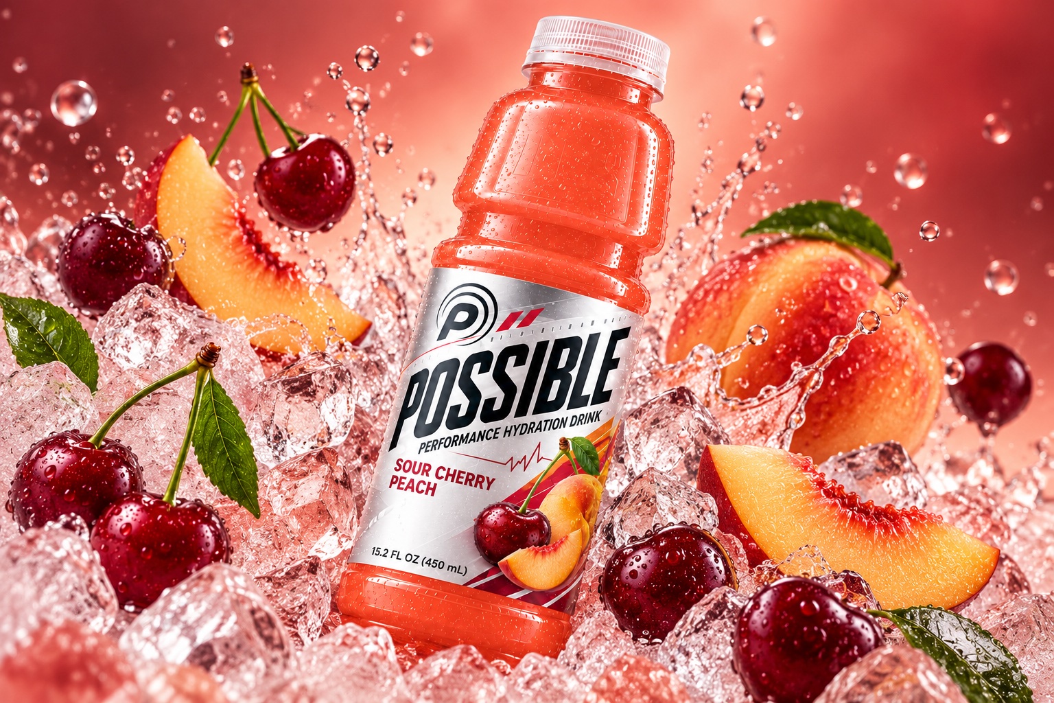 POSSIBLE Sour Cherry Peach surrounded by fruit, ice and splashing water