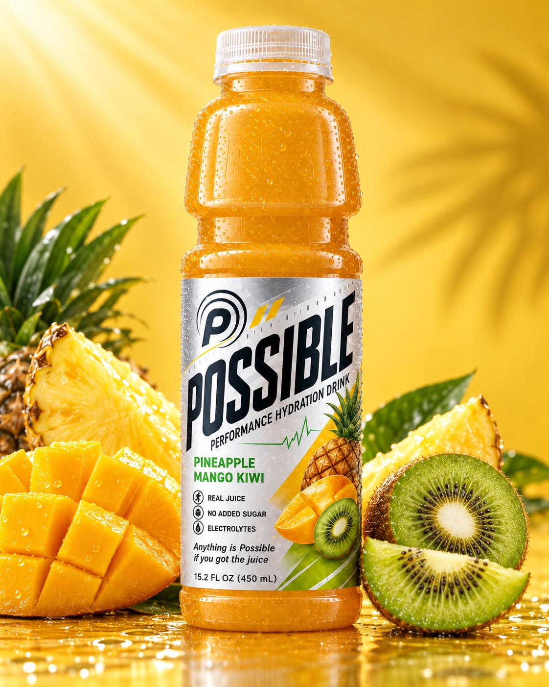 POSSIBLE Pineapple Mango Kiwi bottle surrounded by tropical fruit on a golden yellow background
